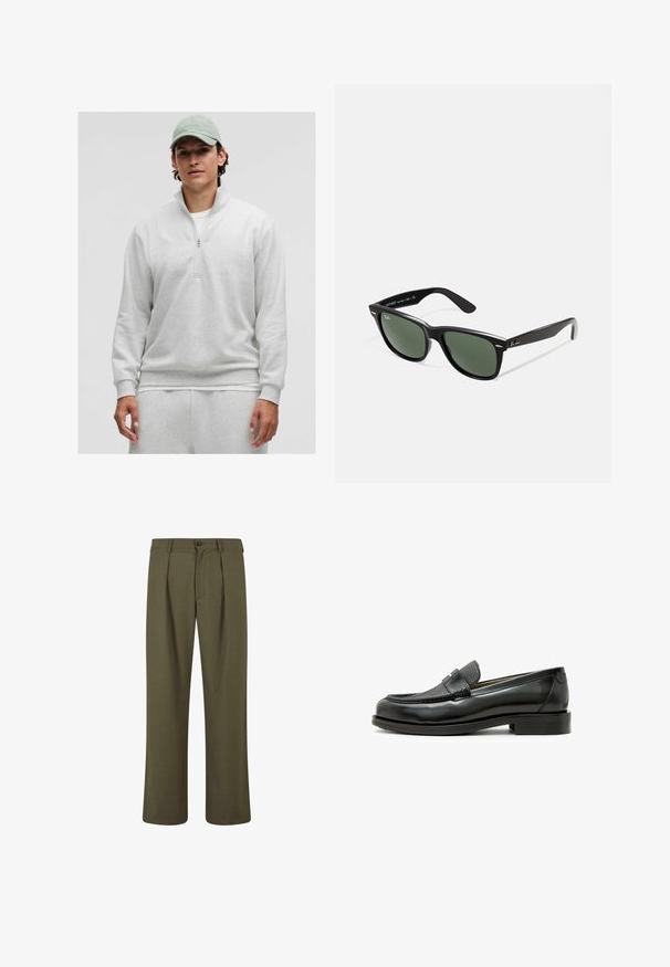 Hanorac zip-up de un gri deschis, cu mâneci lungi, textură moale și manșete cu nervuri. Purtați peste o cămașă albă, asortat cu pantaloni corespunzători.; Pantaloni verzi măsline cu o croială ajustată, cu pliu în față, închidere cu nasture și picioare drepte. Textură de material neted.; Mocasini din piele neagră cu un accent din piele neagră texturată, vârf rotund și toc mic pătrat; dispune de un detaliu decorativ metalic.; Ochelari de soare din plastic negru cu lentile verzi, rame pătrate, accent argintiu pe sprânceană și brațe texturate. Marca este menționată pe brațul interior.