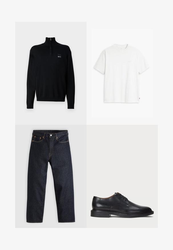 Fekete pulóver magas nyakkal és félig zipzárral. Puha, texturált anyagból készült. Kis logófelvarróval rendelkezik a mellkasán és bordázott mandzsettákkal.; Fehér pamut póló rövid ujjakkal, kerek nyakkal és diszkrét Levi's logóval a középen. Puha tapintású és szabványos szabású.; Sötétkék farmernadrág egyenes szabással, öt zsebbel, kontrasztos narancssárga varrással és gombos záródással. Nem látható rajta mintázat vagy díszítés.; Fekete bőrből készült dresszcipő kerek orral, fűzős kialakítással és alacsony, rétegelt sarkával. Simás felület minimális varrási részletekkel.