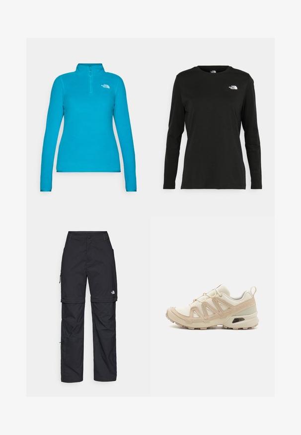 Ανοιχτομπλέ φλις πουλόβερ με μισό φερμουάρ στον λαιμό. Διαθέτει μακριά μανίκια και ένα μικρό λογότυπο στο στήθος. Λείο υλικό, ιδανικό για στρώσεις.; Μαύρο μακρυμάνικο μπλουζάκι από βαμβάκι με στρογγυλή λαιμόκοψη. Διαθέτει ένα μικρό λευκό λογότυπο στην αριστερή πλευρά του στήθους. Απλός σχεδιασμός και εφαρμογή.; Μαύρα νάιλον παντελόνια cargo με φερμουάρ που αφαιρούνται, ρυθμιζόμενους καρπούς, πολλαπλές τσέπες και λογότυπο στο δεξί πόδι. Απαλή, ελαφριά υφή.; Μπεζ και κρεμ αθλητικό παπούτσι με υφασμάτινη άνω επιφάνεια με υφή, υποστηρικτικά overlay και καουτσούκ σόλα με σχέδιο πέλματος για πρόσφυση.
