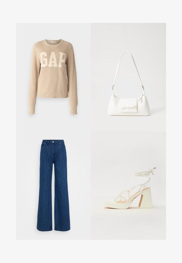 Gap Tall Strickpullover - cobblestone; Weite blaue Jeans aus Denim mit hohem Bund, ausgestattet mit Vordertaschen und einem Knopfverschluss. Glatte Textur ohne sichtbare Muster.; Weiße High-Heel-Sandale mit einem klobigen Absatz, die über ein Riemchendesign und ein Knöchelband verfügt. Glatte Textur mit einer Plattform vorne für zusätzliche Höhe.; Weiße synthetische Handtasche in dreieckiger Form, flache Vorderklappe und Schleifendetail, verstellbarer Trageriemen, glatte Textur und minimalistisches Design.