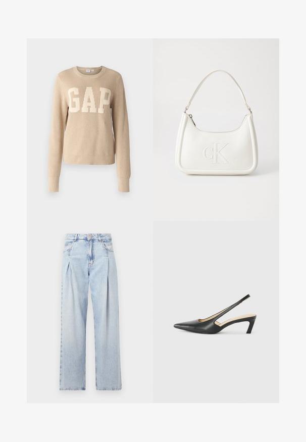 Gap Tall Strickpullover - cobblestone; Helle blaue Denim-Jeans mit hoher Taille, weitem Beinschnitt, zwei seitlichen Taschen und gefaltetem Design. Weiche Textur mit einem ausgebleichten Finish.; Schwarzer spitz zulaufender Slingback-Schuh mit niedrigem Absatz, der aus glattem Leder gefertigt ist und seitliche Ausschnitte für Atmungsaktivität aufweist.; Weiße Lederhandtasche mit abgerundeter Form, ausgestattet mit einem geprägten "CK"-Logo auf der Vorderseite und einem Einzel-Schultergurt. Reißverschluss oben.