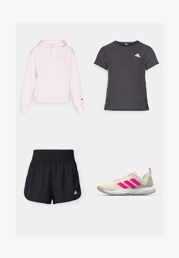 Roze hoodie gemaakt van zachte stof met een kangoeroezak. Bevat geborduurd "Champion"-logo en ribbelboord voor een snug fit.; Korte mouwen sport t-shirt, donkergrijs met geperforeerde textuur. Bevat een wit logo en contrasterende zijstrepen. Ronde halslijn.; Zwarte sportieve shorts met een elastische, gerimpelde tailleband en een wit logo-accent aan de onderzijde rechts. Glad, lichtgewicht materiaal.; Beige sportshoe met een roze drie-strepen logo, een textuur-mesh bovenkant, een gevoerde kraag en een witte rubberen zool, met "LIGHTSTRIKE" branding.
