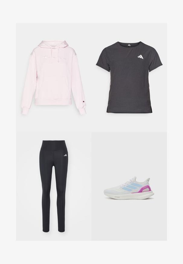 Rosa Kapuzensweatshirt aus weichem Stoff mit einer Kängurutasche. Verfügt über ein gesticktes "Champion"-Logo und gerippte Bündchen für eine bequeme Passform.; Kurze Ärmel Sport-T-Shirt, dunkelgrau mit durchbrochener Textur. Enthält ein weißes Logo und kontrastierende Seitenstreifen. Runder Ausschnitt.; Schwarze Sportleggins aus dehnbarem Material mit hohem Bund und einem weißen Markenlogo auf der linken Hüfte.; adidas Performance PUREBOOST 5 - Laufschuh Straße - white/glow blue/purple burst