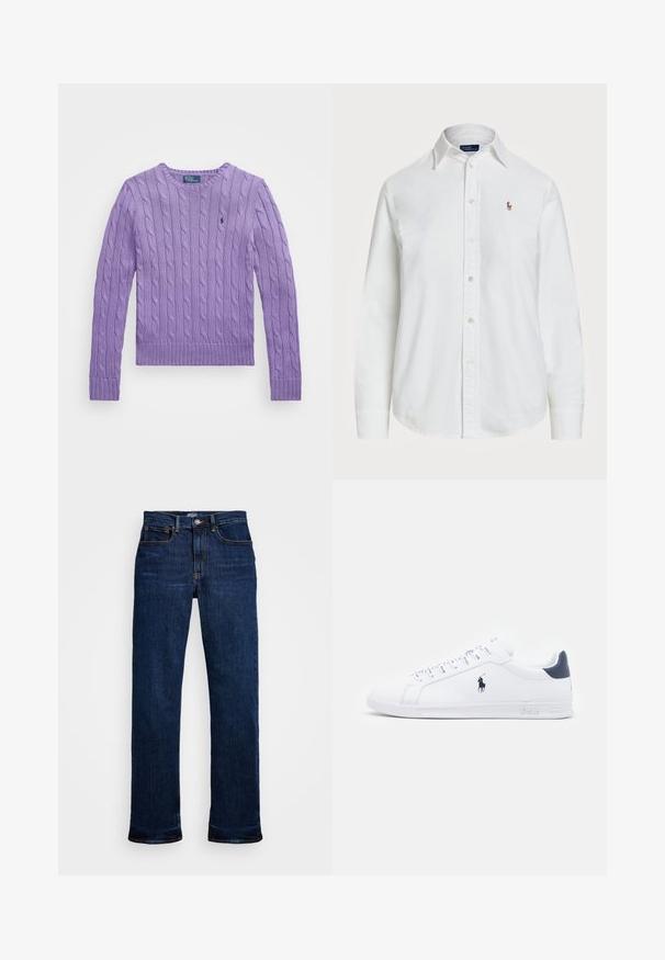 Polo Ralph Lauren CABLE KNIT COTTON CREWNECK SWEATER - Džemperis - spring violet; Baltas krekls ar pogām, izgatavots no kokvilnas, ar klasisku apkakli, garām piedurknēm un mazu izšūtu logo uz krūtīm. Teksturēta auduma.; Tumši zilo džinsu bikses ar taisnu kāju griezumu, kas satur piecas kabatas, vara diegu šuvumus un klasisku pogas aizdari.; Baltas ādas sporta apavi ar gludu virsmu, jūras zila akcenti un neliels zīmols sānos. Aprīkoti ar plakaniem aukliņām un strukturētu gumijas zoli.