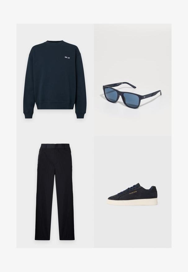 Tumši zilas krāsas kokvilnas sporta krekls ar garām piedurknēm un baltu "NN. 07" tekstu kreisajā krūtī. Dizains ir vienkāršs ar ribotiem piedurkņu un apakšmalas galiem.; Melni bikses ar vieglu, teksturētu audumu, taisnu kāju dizainu, elastīgu jostu un sānu rāvējslēdzēju kabatām.; Navy zila zamšas zema augstuma kedas ar baltu zoli, navy krāsas auklām un "Filling Pieces" logo zeltā sānos.; Zilie taisnstūra saulesbrilles ar tumšiem stikliem, matēta jūras zila ietvaros, logo detaļa uz tempļa, taisnas rokas un cieta, gluda virsma.