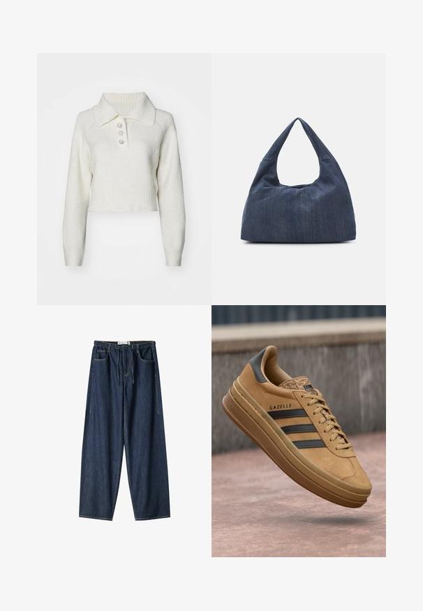 Even&Odd Svetr - off-white; Tmavě modré džíny s širokým střihem. Mají elastický pas, šňůrku na stahování a přední kapsy. Hladký povrch s viditelným švem.; Světlé semišové tenisky s hladkou texturou, se třemi tmavými pruhy, zaoblenou špičkou a silnější podrážkou se vzorovaným okrajem.; Tmavě modrá džínová taška se soft, volným tvarem, vybavená uchem v hobo stylu a texturovaným povrchem. Žádné viditelné kovové prvky.