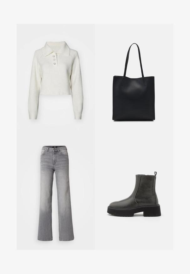 Even&Odd - Sweter; Szare dżinsy o prostym kroju i wysokim stanie, z przodu zapinane na guzik i zamek, z kieszeniami z przodu i z tyłu oraz z wyblakłym odcieniem na udach i łydkach.; Czarne botki za kostkę z gładką syntetyczną cholewką, elastycznymi bocznymi panelami, uchwytem oraz masywną gumową podeszwą.; Czarna skórzana torba tote o gładkiej fakturze, prostokątnym kształcie i dwóch długich uchwytach. Brak widocznych elementów metalowych i ozdób.