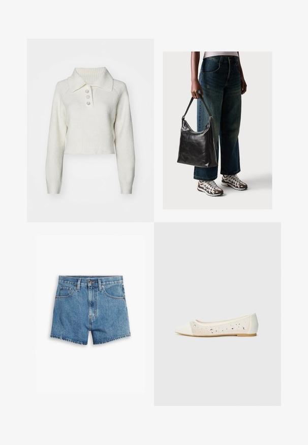 Even&Odd Strickpullover - off-white; Hellblaue Denim-Shorts mit fünf Taschen, einem Reißverschluss und einem Knopfverschluss. Der Saum ist fransig und das Design bietet eine lässige Passform.; Spitz zulaufende Ballerinas aus cremefarbenem Leder mit transparentem Obermaterial, verziert mit verstreuten Strasssteinen. Weiche Sohle für Komfort, minimalistische Gestaltung.; Schwarze Leder-Schultertasche mit glatter Textur und verstellbarem Riemen, kombiniert mit ausgewaschenen weit geschnittenen Jeans und sportlichen Sneakern.