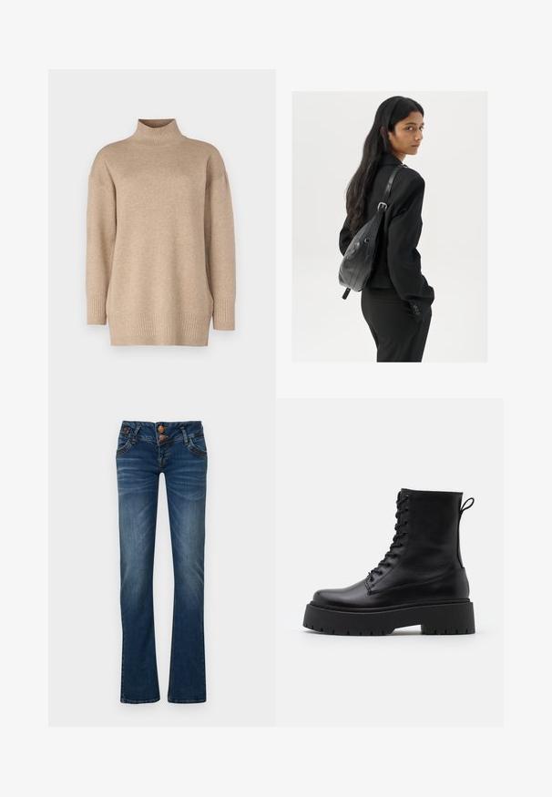 Beige polokrage tröja gjord av mjukt stickat material. Har ribbade muddar och nederkant, med en avslappnad passform och sänkta axlar för ökad komfort.; Mörkblå bootcut-jeans med två framknappar, fem fickor och subtil blekning på låren och knäna.; Svarta läderankelboots med rund tå, snörning framtill och en tjock gummisula med strukturerat mönster. Dragflik bak.; Kvinna med långt mörkt hår, klädd i en svart dräkt, bärandes en svart läderaxelväska, tittar över axeln mot en vit bakgrund.; Silverfärgade hoopörhängen med en minimalistisk design. Cirkulär form, slät yta och tunn profil. Lätta med en polerad finish.