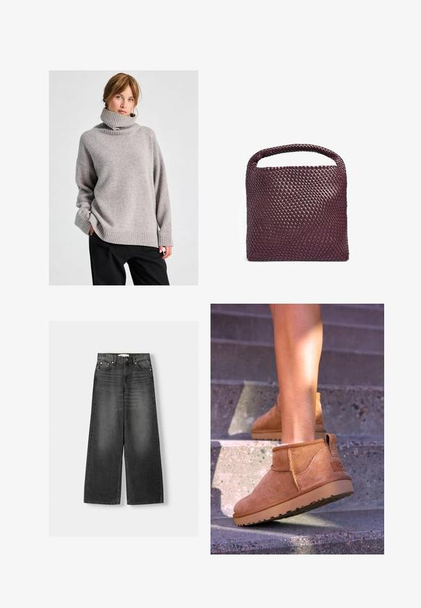 Kvinna med ljusbrunt hår, iklädd en lös grå polotröja och svarta byxor, står mot en enfärgad ljus bakgrund.; Videbeniga, högmidjade jeans i mörkgrå denim. Har fem fickor, metallnitar och bältesöglor. Slät textur med lätt blekning.; Tan mockasiner med en mjuk textur, sömnadsdetaljer och en gummisula, med en öglad häl för enkel påtagning.; Vävt läderhandbag i djup burgundy, fyrkantig form med ett rundat handtag och en strukturerad ytmönster. Minimalistisk design.