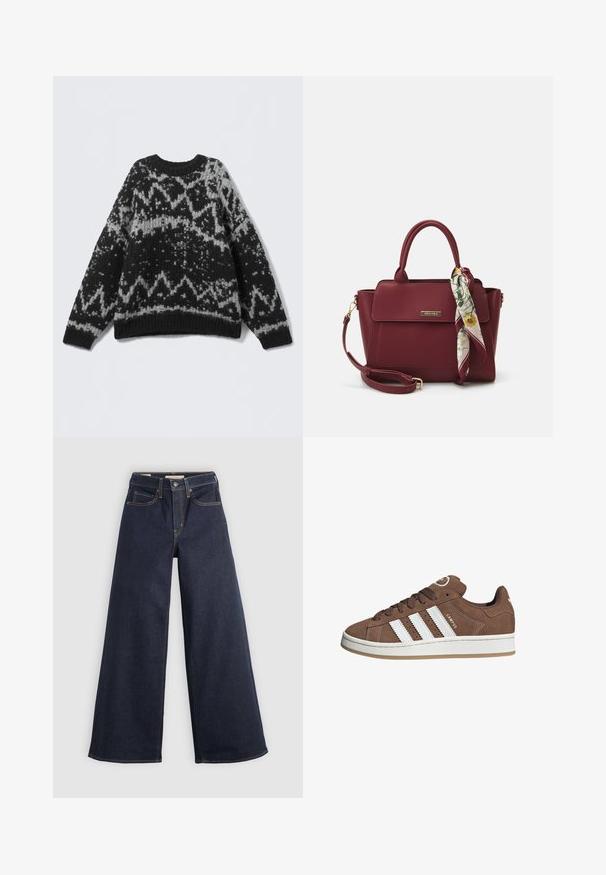 Maglione lavorato a maglia nero e grigio con collo rotondo e orlo a coste. Presenta disegni geometrici e un aspetto morbido e strutturato.; Camicia bianca a maniche lunghe con colletto a punta e polsini arricciati, mostrata su uno sfondo bianco semplice.; Jeans in denim a gamba larga di colore blu scuro con cuciture a contrasto. Caratterizzati da un design tradizionale a cinque tasche e chiusura a bottone in vita.; Sneakers in suede marrone con strisce in pelle bianca, suola in gomma, punta rotonda e lacci. Presentano un logo sulla linguetta e dettagli perforati.; Borsa borgogna realizzata in materiale sintetico con un design strutturato, dotata di tracolla removibile e un foulard a motivi floreali legato al manico.