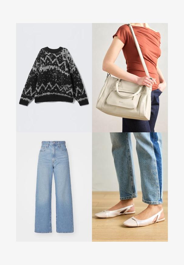 Suéter de punto negro y gris con cuello redondo y dobladillo acanalado. Presenta diseños geométricos y una apariencia suave y texturizada.; Jeans de tiro alto y pernera ancha en azul claro, con cierre frontal de botón y cremallera, y bolsillos delantero y trasero, sobre un fondo blanco.; Bailarinas de color rosa pálido con tiras traseras y punta puntiaguda, fabricadas con un material similar al cuero suave. Presentan detalles recortados en los laterales y un tacón plano.; Bolso de mano de cuero blanco con asas dobles y correa desmontable, con un bolsillo delantero con cremallera y textura suave. Sosteniéndolo en el brazo de una persona.