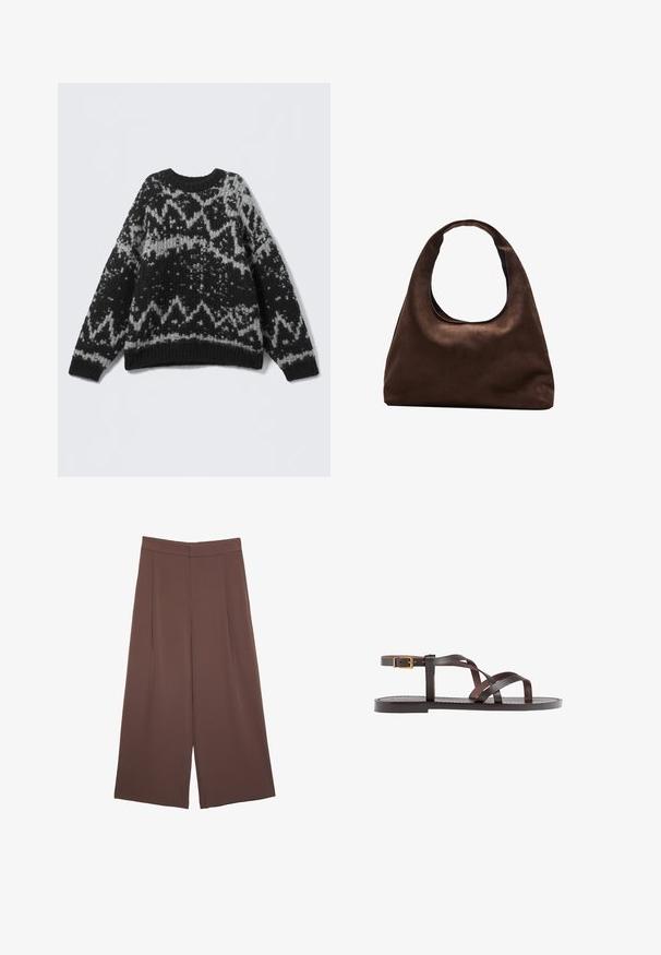 Črno-in-sivo vzorčasta pletena pulover s krožnim izrezom in ribanim robom. Ima geometrične vzorce in mehak, teksturiran videz.; Rjave široke hlače z gladko teksturo, ki imajo visok pas in sprednje naborke. Tkanina je lahka in prosto pada.; Rjav usnjen sandal z načinom prečnega črta, zaklepom okoli gležnja in ravnim podplatom z minimalnimi šivi.; Mehakna rjava torbica v hobo stilu z enim širokim trakom in ukrivljenim odprtjem na vrhu, prikazana na beli podlagi.