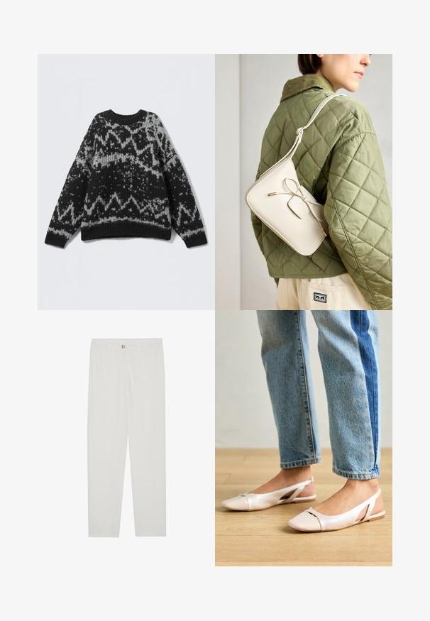 Melna un pelēka rakstaina svītera adījums ar apaļu apkakli un ribotu apakšmalu. Ir ģeometriski dizaini un mīksta, teksturēta virsma.; Baltas, pielāgots bikses ar taisnu kāju dizainu, ar pogu aizdari, jostu cilpām un sānu kabatām; gluda auduma tekstūra.; Bālti rozā siksniņu dzīvokļi ar smailu purngalu, izgatavoti no gludas ādas līdzīgās materiāla. Iezīmē izgriezumu detaļas sānos un platu papēdi.; Bēša ādas crossbody soma ar loku detaļu, zelta aparatūru un vienu regulējamu siksnu, vilkta pāri zaļai quilted jakai.