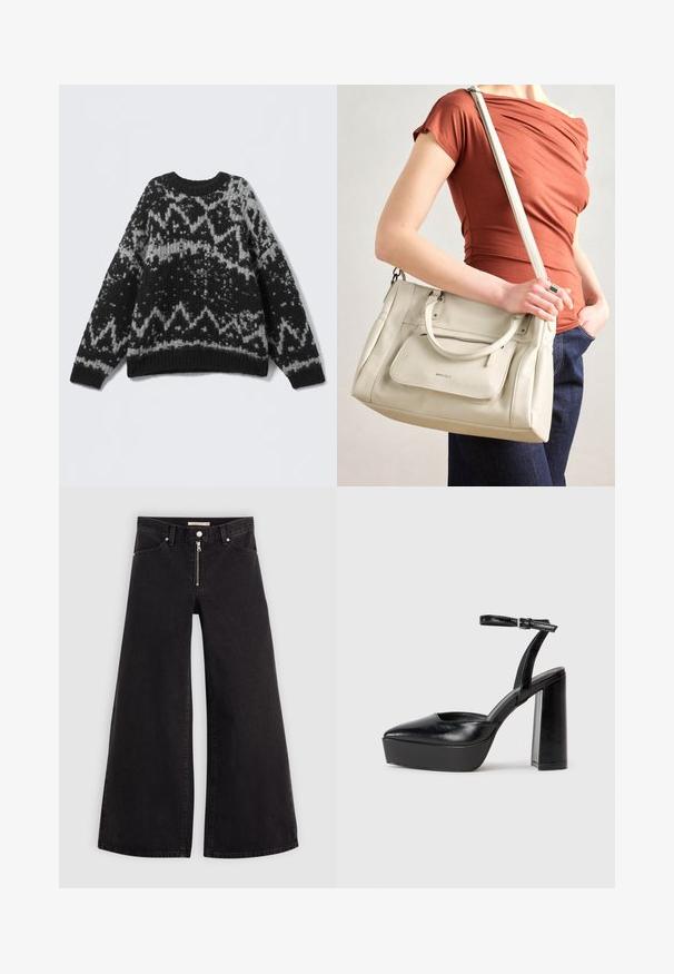 Svart og grå mønstret strikkegenser med rund hals og ribbestrikket nederkant. Har geometriske design og en myk, teksturert utseende.; Vide benbukser i sort denim med glidelås i front, fem-lomme design og subtile sømdetaljer. Glatt tekstur og avslappet stil.; Sorte plattformhelter med spiss tå og justerbar ankelrem. Laget av glatt lær, med en robust blokkhel.; Hvit skinnveske med doble håndtak og avtagbar stroppe, med en frontlomme med glidelås og glatt tekstur. Bært på en persons arm.