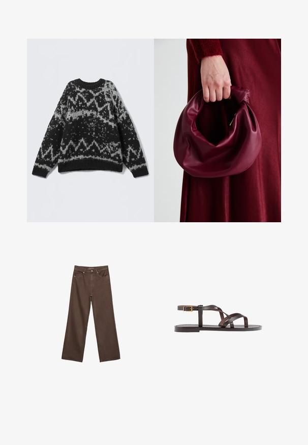 Čierny a šedý vzorovaný pletený sveter s okrúhlym výstrihom a rebrovaným lemom. Obsahuje geometrické vzory a mäkký, textúrovaný vzhľad.; Džínsy s širokými nohavicami v hnedej farbe, vyrobené z denimu, so zvýšeným pásom, prednými vreckami a klasickým zapínaním na gombík. Hladká textúra s jemným prešívaním.; Hnedé kožené sandály s krížovými popruhmi, uzatváraním na pracku okolo členku a plochou podrážkou s minimálnymi ševmi.; Burgundská kožená kabelka s mäkkým, zhromaždeným dizajnom a zaobleným tvarom. Rukoväť je pevne zaisťujúca a vystavuje hladkú textúru.