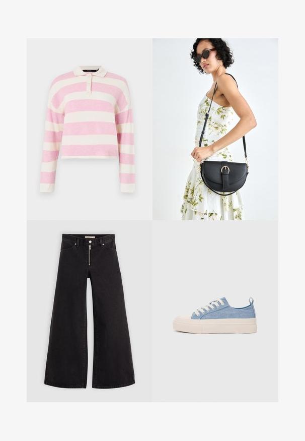 Kreemjas ja roosas horisontaalsetes triipudes pika varrukaga polo särk, millel on krae ja kolme nupuga kinnitis ning lühendatud disain.; Laiad teksad mustast denimist, millel on lukuga eesmine osa, viie taskuga disain ja peened õmblusdetailid. Sile tekstuur ja juhuslik stiil.; Heledad sinised kangast tennisekingad koorevärvi kummist varbakatte ja taldaga, millel on valged paelad ja tõmblukk kandadel.; Mustmust mustraha kõverate joontega, eemaldatava rihmaga ja kuldsete detailidega. Kotil on klapp, millel on pandladetail.