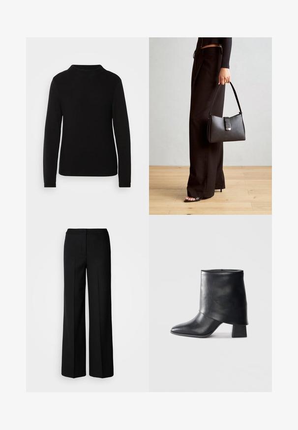 Schwarzer langärmeliger Strickpullover mit hohem Kragen. Verfügt über eine gerippte Textur und enganliegende Bündchen, die eine strukturierte Silhouette bieten.; Schwarze weit geschnittene Hosen aus glattem Stoff mit hoher Taille, taillierten Nähten und minimalistischer Gestaltung. Keine sichtbaren Beschläge oder Taschen.; Schwarze Lederstiefelette mit spitzer Zehenform, glatter Oberfläche und strukturiertem Blockabsatz. Mit einem hohen, gefalteten Schaftdesign.; Schwarze Handtasche mit strukturierter Form, glatter Textur und einem metallischen Verschluss. Kombiniert mit weiten schwarzen Hosen und offenen Sandalen auf einem Holzboden.