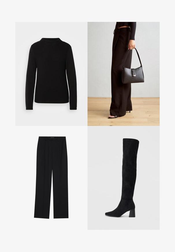 Schwarzer langärmeliger Strickpullover mit hohem Kragen. Verfügt über eine gerippte Textur und enganliegende Bündchen, die eine strukturierte Silhouette bieten.; Schwarze Hose mit geradem Bein, ausgestattet mit zwei frontalen Taschen und einem Taillenbund. Hergestellt aus einem glatten, leichten Stoff.; Schwarze Wildleder-Stiefel bis zum Knie mit Blockabsatz, spitzer Zehe und glattem, nahtlosem Design auf einem schlichten, hellen Hintergrund.; Schwarze Handtasche mit strukturierter Form, glatter Textur und einem metallischen Verschluss. Kombiniert mit weiten schwarzen Hosen und offenen Sandalen auf einem Holzboden.