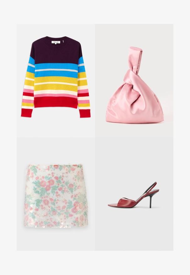 Knit sweater featuring horizontal stripes in purple, blue, yellow, pink, and red. Ribbed neckline and hem. Soft texture, casual design.; Floral-patterned white fabric with pastel pink and green flowers, featuring a textured surface and subtle sequins along the bottom edge.; Red leather slingback heeled sandal with a pointed open toe design, thin strap across the foot, and a narrow stiletto heel.; Pink satin bag with a knotted top, featuring a smooth texture and a soft, rounded shape. Designed for a secure, gathered appearance.
