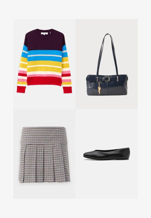Pletený svetr s horizontálními pruhy v purpurové, modré, žluté, růžové a červené barvě. Hladký límec a spodní lem. Jemná textura, volný design.; Záhybová sukně v hnědém, béžovém a modrém kostkovaném vzoru. Vyrobena z texturované látky s přiléhavým pasem a dekoračními záhyby.; Paul Smith TOPANGA - Klasické baleríny - black; Námořnická kožená kabelka s dvěma dlouhými uchy, detaily s přezkou a připevněným klíčenkou. Vyznačuje se hladkým povrchem a obdélníkovým tvarem.