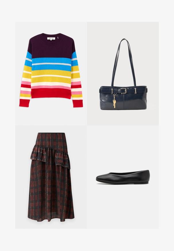 Strickpullover mit horizontalen Streifen in Lila, Blau, Gelb, Rosa und Rot. Gerippter Ausschnitt und Saum. Weicher Stoff, lässiges Design.; Maxi-Rock in dunkelrot-schwarz kariertem Muster, mit mehreren Rüschen an der Taille, aus leichtem Stoff mit weicher Textur gefertigt.; Paul Smith TOPANGA - Klassischer Ballerina - black; Marineblaue Lederhandtasche mit zwei langen Griffen, einer Schnallen-Detailierung und einem daran befestigten Schlüsselanhänger. Besitzt eine glatte Textur und eine rechteckige Form.