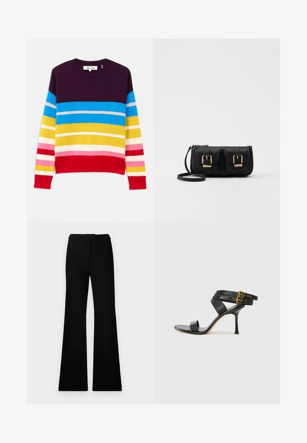 Striktrøje med horisontale striber i lilla, blå, gul, pink og rød. Ribbet halsudskæring og kant. Blød tekstur, afslappet design.; Sorte flagrende bukser med en glat tekstur, skræddersyet talje og forlommer, designet med en slank, moderne silhuet.; Sort hæl-sandal med krydsede stropper og justerbar spænde. Har en glat overflade og spids stilettohæl.; Sort læder crossbody taske med to frontlommer, guldspænder, lynlåslukning og en slank rem. Struktureret overflade og kompakt rektangulær form.