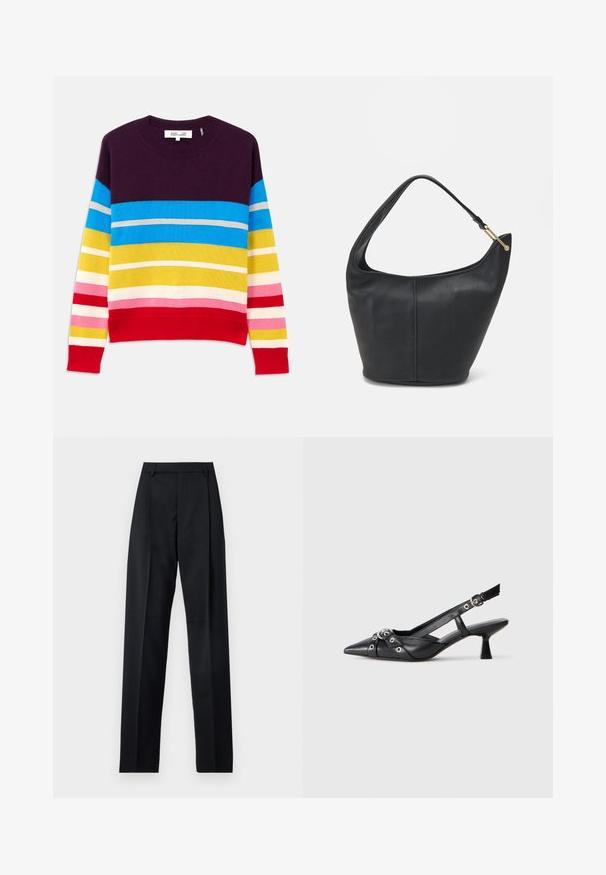Jersey de punto con rayas horizontales en púrpura, azul, amarillo, rosa y rojo. Cuello y dobladillo acanalados. Textura suave, diseño casual.; Pantalones negros de tela suave con cintura alta, piernas amplias, pliegues frontales y lazos de cinturón clásicos. No hay bolsillos laterales visibles.; Zapato de slingback negro de piel con punta afilada, correas decorativas con ojales de metal y un tacón bajo y ancho. Superficie texturizada.; Bolso de cuero negro con forma redondeada, un strap ancho y un acabado texturizado. Presenta un sutil detalle de costura y un acento de hardware en tono dorado.