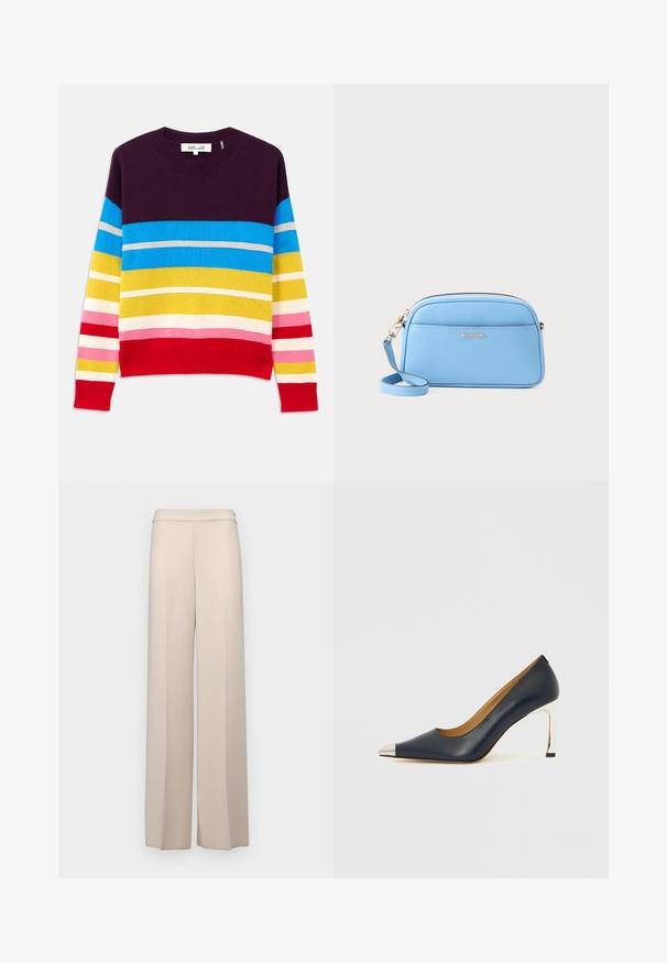 Knit sweater featuring horizontal stripes in purple, blue, yellow, pink, and red. Ribbed neckline and hem. Soft texture, casual design.; Beige wide-leg pants in a smooth fabric, featuring a high waist and subtle front pleats. No pockets or visible hardware details.; Navy leather high heel shoe with a pointed toe, featuring a silver metallic cap and a shiny silver stiletto heel.; Light blue leather crossbody bag with gold-tone hardware, zip closure, and a front pocket. Features an adjustable strap for convenience.