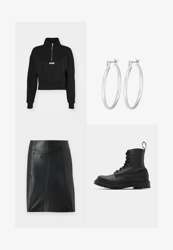 Levi's® LSEGRAPHIC SARA 1/4 ZIP - Sudadera - black; Minifalda de piel negra con un diseño ajustado. Textura suave, costuras que delinean la forma y un dobladillo recto. Apariencia minimalista y elegante.; Botín de combate de cuero negro con punta redonda, parte delantera con cordones y una lengüeta en el tobillo. Presenta una suela de goma gruesa para mayor durabilidad.; Pendientes de aro de plata con un acabado liso y pulido. Forma redonda y cierre de click seguro. Diseño ligero adecuado para el uso diario.