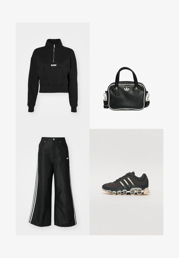 Levi's® LSEGRAPHIC SARA 1/4 ZIP - Mikina - black; Černé široké džíny s třemi bílými pruhy po stranách a malým bílým logem. Obsahují přední kapsy a zapínání na knoflík.; Černá atletická bota s texturovaným svrškem, třemi stříbrnými pruhy a výraznou odpruženou podrážkou se spoustou integrovaných sekcí.; Černá kožená kabelka se dvěma krátkými uchy, stříbrným kováním, bílými detaily a bílým logem. Má texturovaný povrch a kompaktní design.