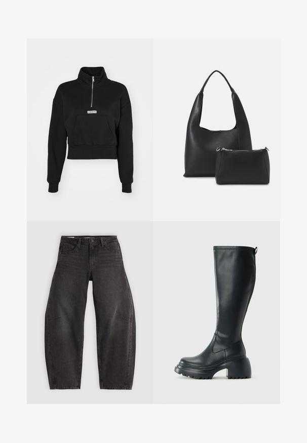 Levi's® LSEGRAPHIC SARA 1/4 ZIP - Felpa - black; Jeans in denim nero con una vestibilità rilassata, dotati di cinque tasche, chiusura con bottone e leggere sfumature. Il tessuto ha una consistenza liscia e resistente.; Stivale lungo in pelle nera con suola piatta robusta e tacco a blocco, dotato di linguetta e battistrada testurizzato sulla suola.; Even&Odd Borsa a mano - black