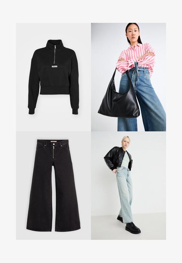 Levi's® LSEGRAPHIC SARA 1/4 ZIP - Melegítőfelső - black; Fekete denim széles szárú farmer, cipzáros elejével, öt zsebes kialakítással és diszkrét varrással. Sima textúra és laza stílus.; Fekete bőrdzseki, mentazöld ing, világoskék széles szárú farmernadrág és fekete fűzős cipő, minimalista háttér előtt.; Fekete bőr válltáska, laza formával és varrás részletekkel. A model egy rózsaszín és fehér csíkos inget visel széles szárú kék farmernadrággal.