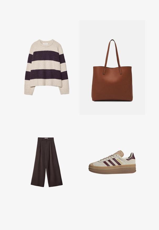 Cremfarbener und dunkelvioletter gestreifter Pullover mit Rundhalsausschnitt, geripptem Saum und weicher Textur, der breite horizontale Streifen in unterschiedlichen Breiten aufweist.; Schwarze, weit geschnittene Hose mit hoher Taille, ausgestattet mit vorderen Falten und einem Knopfverschluss an der Taille, aus glattem Stoff gefertigt.; Beige Wildledersneaker mit maroonfarbenen Streifen, weißen Akzenten, einer klobigen, transparenten Sohle und hervorgehobenem Branding an der Seite. Schnürdesign.; Braune Leder-Tote mit glatter Textur, offenem Oberteil und zwei Schulterriemen. Verfügt über minimale Nähte und keine sichtbaren Beschläge.