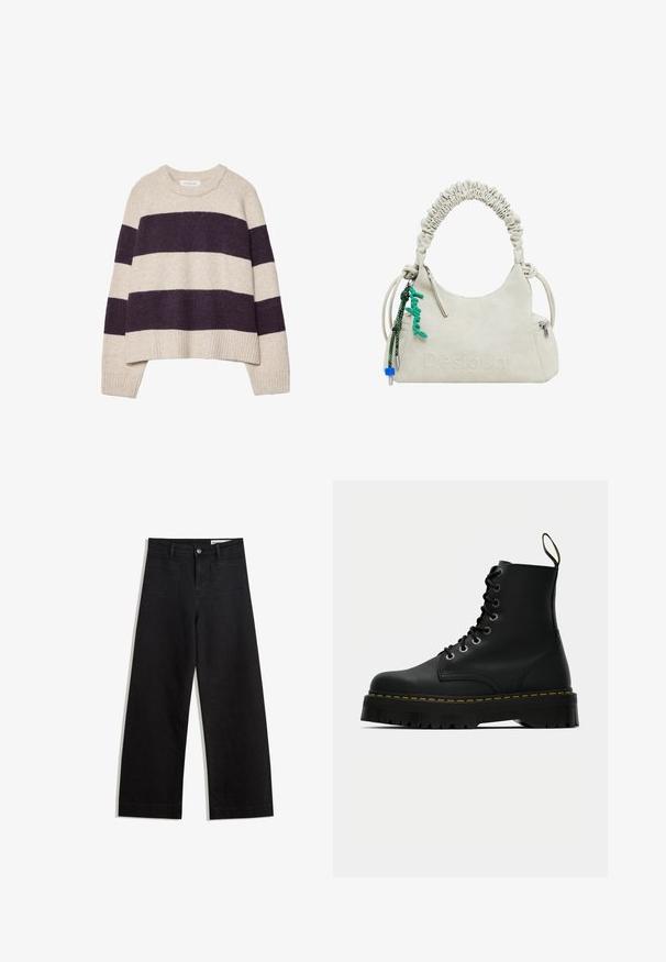Krämsfärgad och mörklila randig tröja med rund hals, ribbad nederkant och mjuk textur, som har breda horisontella ränder i varierande bredd.; Svarta vida denimbyxor med hög midja, med fram- och bakfickor, sydda sömmar och knappstängning. Slät textur.; Svarta läder snörade ankelstövlar med en kraftig texturerad gummisula och gul sömdekoration runt plattformen.; Off-white konstläderhandväska med rynkad handtag, dragkedjefack och grön charm. Slät textur, diskret präglad logotyp och stilren design.