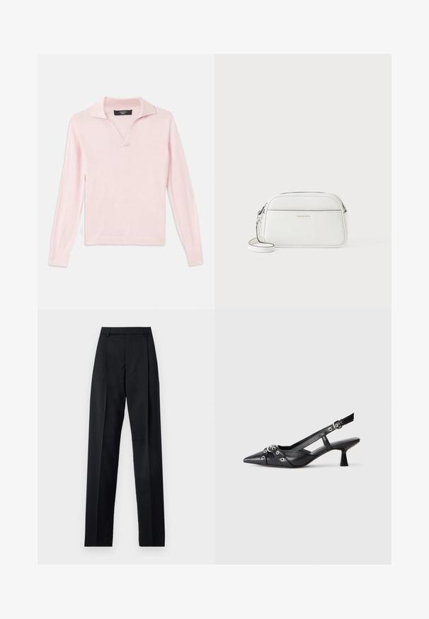 Svijetlo ružičasti pulover dugih rukava s polo ovratnikom, V-izrezom, te rebrastim manžetama i rubom. Glatka tekstura, izrađen od mekanog materijala.; Crne hlače od glatkog materijala s visokim strukom, širokim nogavicama, prednjim pregibima i klasičnim petljama za remen. Nema vidljivih bočnih džepova.; Crne kožne cipele s remenom oko pete, s izduženim vrhom, dekorativnim trakama s metalnim rupama i niskom blok petom. Teksturirana površina.; Bijela kožna torba preko tijela, pravokutnog oblika, glatke teksture, zatvaranje na zip, podesiva traka, minimalistički dizajn s urezanim logom.
