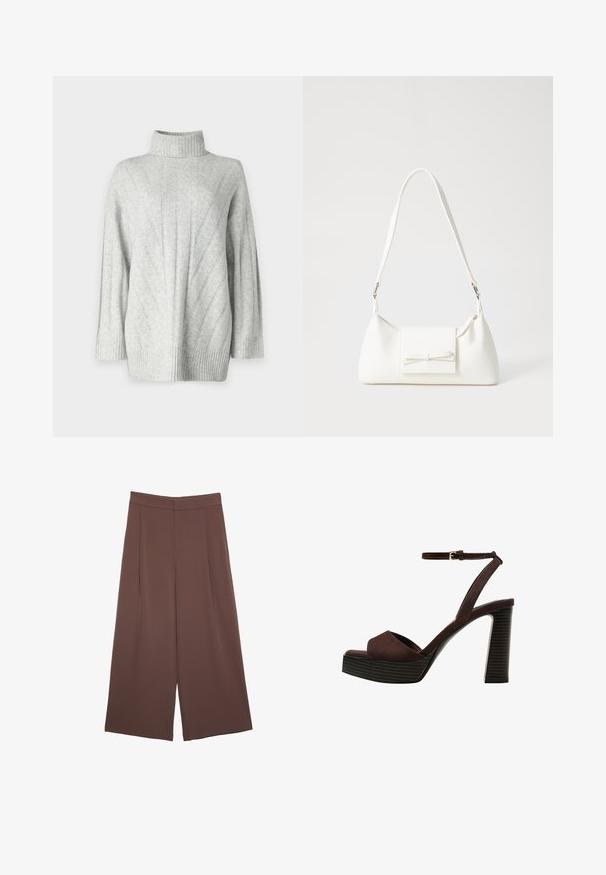 Svetlo siva pletena pulover s visokim rebrastim ovratnikom, diagonalno rebrasto teksturo in ohlapnimi rokavi. Ima sproščen kroj in rebrast rob.; Rjave široke hlače z gladko teksturo, ki imajo visok pas in sprednje naborke. Tkanina je lahka in prosto pada.; Rjave semiš sandale z visoko peto, odprto spredaj, z nastavljivim gležnjenjem in črtastim podplatom.; Bela sintetična torbica v obliki trikotnika, z ravnim sprednjim poklopcem in detajlom mašne, nastavljivim trakom, gladko teksturo in minimalističnim dizajnom.