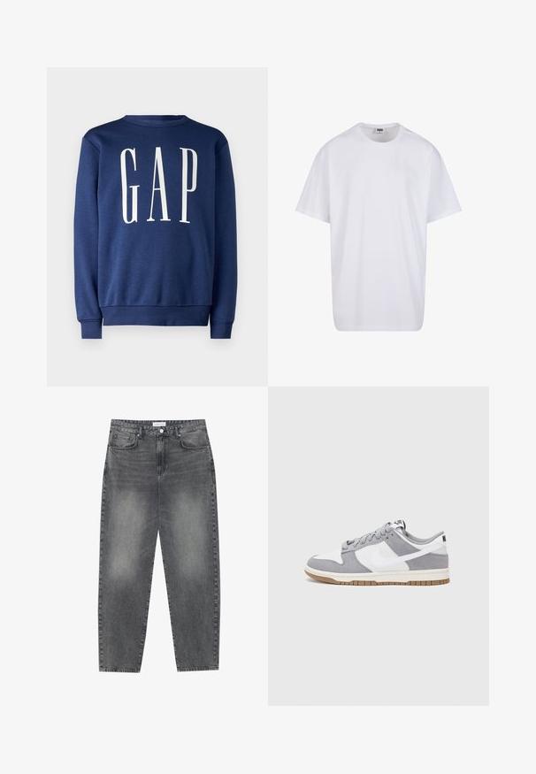 GAP Felpa - blue shade; Maglietta bianca in cotone con maniche corte, scollatura rotonda, vestibilità comoda e senza loghi o motivi visibili. Texture liscia e design minimale.; Jeans a vita alta, dal taglio ampio in denim nero sbiadito. Presentano cinque tasche, passanti per cintura e un design dritto e pulito.; Sneaker grigia e bianca con tomaia in suede e pelle, punta arrotondata, lacci piatti e soletta in gomma con un accento color caramello.
