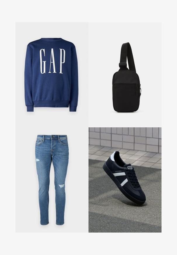GAP Sportska majica - blue shade; Izblijedjeli plavi traperice uskog kroja, s izbrazdanim dijelovima na koljenima, zatvaranjem na gumbe i dizajnom s pet džepova.; Crne kožne tenisice s bijelim prugama, strukturirana gumena potplate i vezanjem sprijeda. Ima oznaku brenda na jeziku.; Crna torba preko tijela napravljena od izdržljive tkanine, s jednim podesivim remenom, glavnim odjeljkom na patentni zatvarač i prednjim džepom.