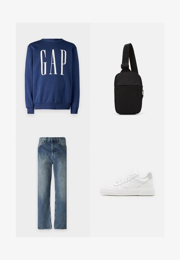 GAP Bluză de molton - blue shade; Jeans din denim albastru cu croială dreaptă, având un finisaj decolorat, bucle pentru brâu, buzunare frontale și un singur buzunar pe partea din spate.; Adidași din piele albă cu un finisaj neted, vârf rotunjit, șireturi plate și o talpă texturată. Accente din piele întoarsă gri la călcâi.; Geantă crossbody neagră, confecționată dintr-un material rezistent, dotată cu o curea ajustabilă, un compartiment principal cu fermoar și o buzunar frontal.