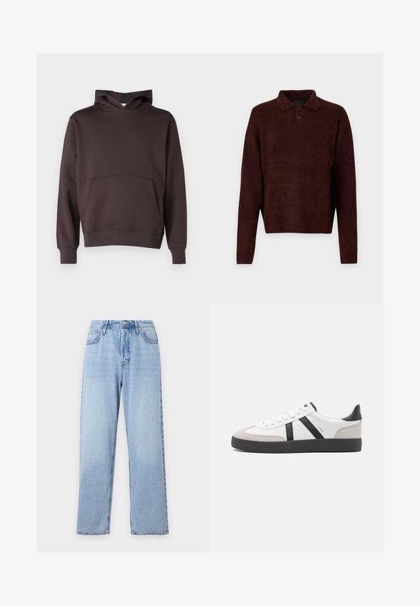 Sudadera con capucha marrón, hecha de un tejido suave, que cuenta con un bolsillo frontal, puños y dobladillo acanalados, y tiene una clásica forma en A.; Pulóver marrón de punto con cuello polo, tres botones en el cuello y mangas largas. Textura suave, puños y dobladillo acanalados.; Vaqueros de denim azul claro con un corte recto, cintura alta, cinco bolsillos y cierre con botón superior. Presenta un lavado desvanecido y costuras en contraste.; Zapatilla blanca con acentos en negro y gris, que presenta una puntera texturizada en gris, suela de goma negra y cordones planos blancos. Diseño limpio, estilo minimalista.