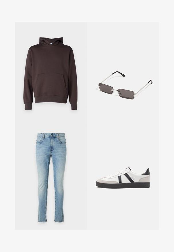 Bruine capuchontrui van zacht materiaal, met een voorzak, ribgebreide manchetten en zoom, in een klassieke A-lijn vorm.; Lichtblauwe denim jeans met een slim fit, voorzien van vijf zakken, een ritssluiting en subtiele vervaging langs de benen. Rechte zoom bij de enkel.; Witte sneaker met zwarte en grijze accenten, voorzien van een grijze neus met textuur, zwarte rubberen zool en platte witte veters. Schoon ontwerp, minimalistische stijl.; Zonnebril met rechthoekige, donkergrijze lenzen, zilveren metalen frames en zwarte kunststof uiteinden op de armen. Lichtgewicht ontwerp met neuspads.