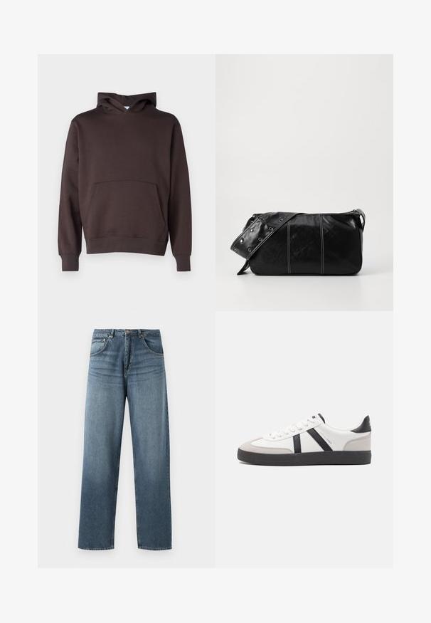 Felpa con cappuccio marrone realizzata in un tessuto morbido, dotata di tasca frontale, polsini e orlo a coste, con una classica forma a trapezio.; Jeans in denim blu a gamba dritta con un lavaggio sbiadito, dotati di cinque tasche, bottone in metallo e passanti per cintura. Tessuto strutturato di peso medio.; Sneaker bianco con accenti neri e grigi, dotata di una punta grigia testurizzata, suola in gomma nera e lacci bianchi piatti. Design pulito, stile minimalista.; Borsa a spalla in pelle nera con chiusura a zip, caratterizzata da un corpo testurizzato, cuciture bianche e una tracolla con occhielli in argento.
