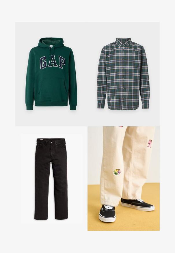 Sudadera verde hecha de mezcla de algodón, con un bolsillo canguro, capucha con cordón y un gran logo "GAP" en letras blancas y marinas.; Camisa de franela verde con un patrón a cuadros que presenta líneas en azul, blanco y amarillo mostaza. Con botones en el frente y cuello puntiagudo. Mangas largas.; Vaqueros de mezclilla negra con corte recto, con cierre de cremallera, bolsillos frontales y un diseño clásico de cinco bolsillos. Textura suave y resistente.; Pantalones de algodón beige con divertidos diseños bordados que incluyen un personaje rosa y un bloque de color, combinados con zapatillas negras de cordones.