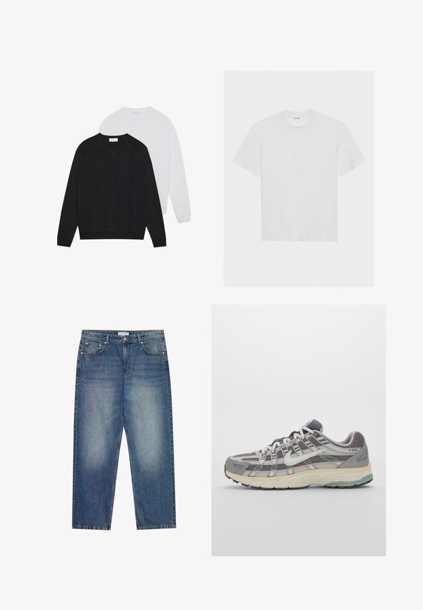 Black and white sweatshirts with round necks, made of soft fabric. Black features dark waistband and cuffs; white has light cuffs.; White cotton t-shirt with short sleeves, crew neck, and a relaxed fit. Smooth texture and no visible patterns or accents.; Light blue denim jeans with a loose fit, straight legs, five pockets, and contrasting stitching. Features a button and zip fly closure.; Gray athletic shoe featuring a mesh and suede upper, white accents, a cushioned sole, and a distinctive design with reflective elements.
