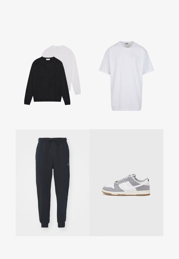 Black and white sweatshirts with round necks, made of soft fabric. Black features dark waistband and cuffs; white has light cuffs.; White cotton t-shirt with short sleeves, rounded neckline, relaxed fit, and no visible logos or patterns. Smooth texture and minimal design.; Black jogger pants made of soft fabric, featuring an elastic waistband with a drawstring, ribbed cuffs, and a small logo on the left thigh.; Nike sneakers feature a gray suede and white leather upper with perforations, round laces, and a gum sole for traction.