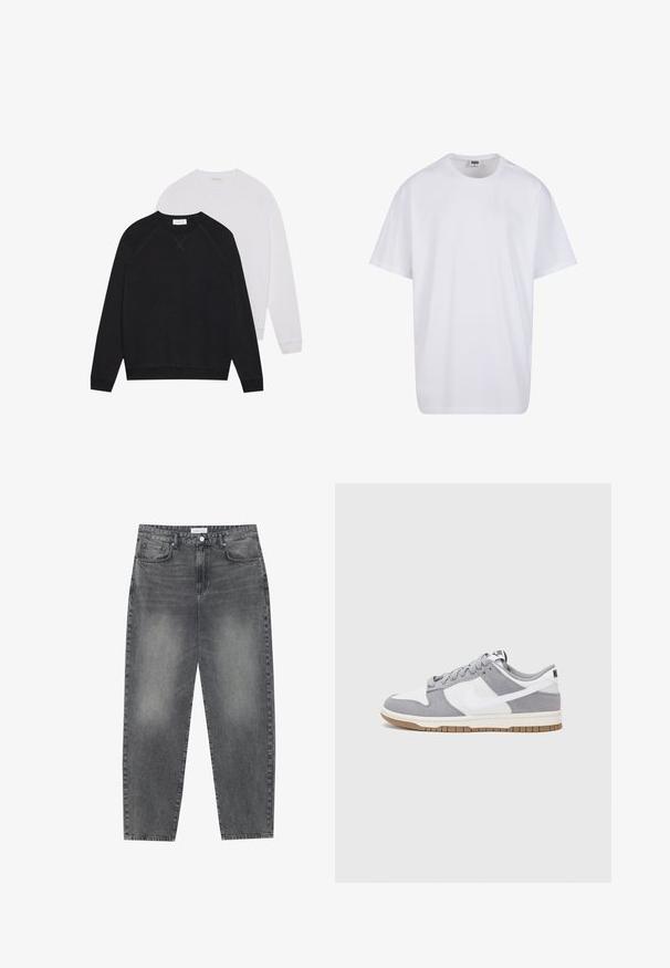 Sweatshirts noirs et blancs à col rond, en tissu doux. Le noir présente une taille et des poignets foncés ; le blanc a des poignets clairs.; T-shirt en coton blanc avec des manches courtes, un col rond, une coupe décontractée et sans logos ni motifs visibles. Texture lisse et design minimaliste.; Jean taille haute, décontracté en denim noir délavé. Comprend cinq poches, des passants de ceinture et un design de jambe droite épurée.; Baskets grises et blanches avec un dessus en suède et cuir, bout rond, lacets plats et semelle en caoutchouc avec une touche de gomme.