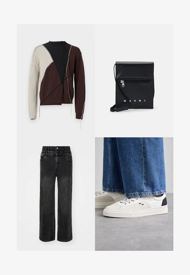 Strickpullover in Schwarz, Braun und Creme mit geometrischem Muster; verfügt über eine gerippte Textur, unvollendete Säume und herabhängende Fäden.; Schwarze Jeans mit weitem Bein aus Denim und einem ausgewaschenen Finish, mit Knopfverschluss, fünf Taschen und kontrastierenden Nähten an den Seiten.; Weiße und schwarze Sneaker mit einem Obermaterial aus glattem Leder, strukturierten Akzenten und einer massiven weißen Sohle. Verfügt über ein klassisches Schnürdesign.; Schwarze Leder-Crossbody-Tasche mit einer Reißverschlusstasche vorne, geprägtem Logo und verstellbarem Tragegurt. Glatte Oberfläche mit strukturierter Form.
