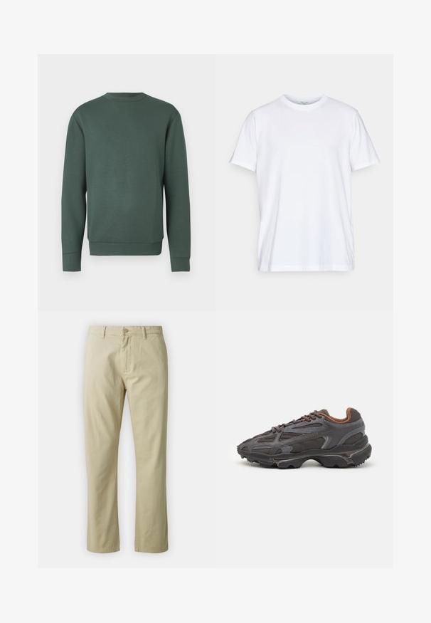 Grön långärmad sweatshirt med rund halsringning, tillverkad av mjukt och slätt tyg. Har ribbade muddar och nederkant med en enkel och ren design.; Vit bomullströja med korta ärmar, rund krage och en avslappnad passform. Har en minimalistisk design, utan mönster eller accenter.; Beiga bomullsbyxor med rak benform, framknäppning och bälteshällor. Slät textur, inga synliga mönster eller detaljer.; Lacoste-sneakers i mörkgrått med nät och syntetmaterial, med en strukturerad sula och bruna detaljer på kragen och varumärket.
