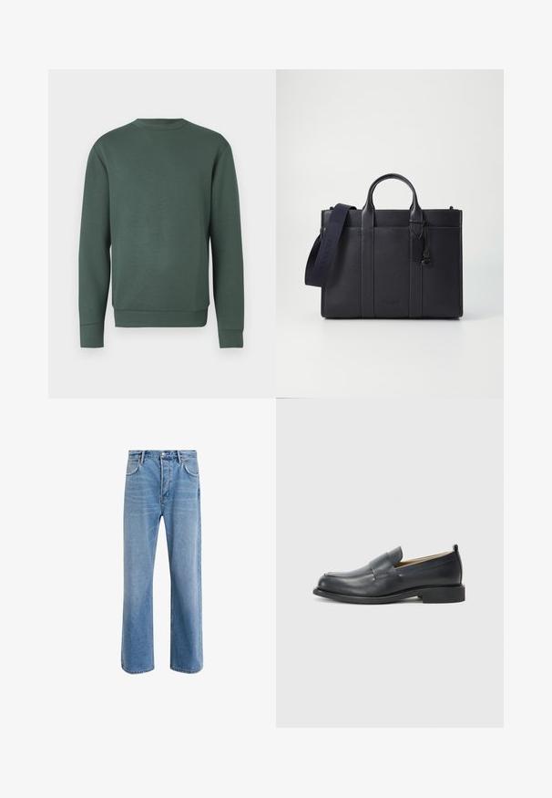 Green long-sleeve sweatshirt with a crew neck, made of soft, smooth fabric. Features ribbed cuffs and hem with a simple, clean design.; Light blue denim jeans with a straight-leg design, five pockets, button closure, minimal fading, and contrasting stitching details.; Black leather loafers featuring a smooth finish, a flat sole, and a rounded toe with a decorative strap across the upper.; Dark navy leather briefcase with dual top handles and a detachable strap. Features textured finish, vertical stitching, and logo detail.